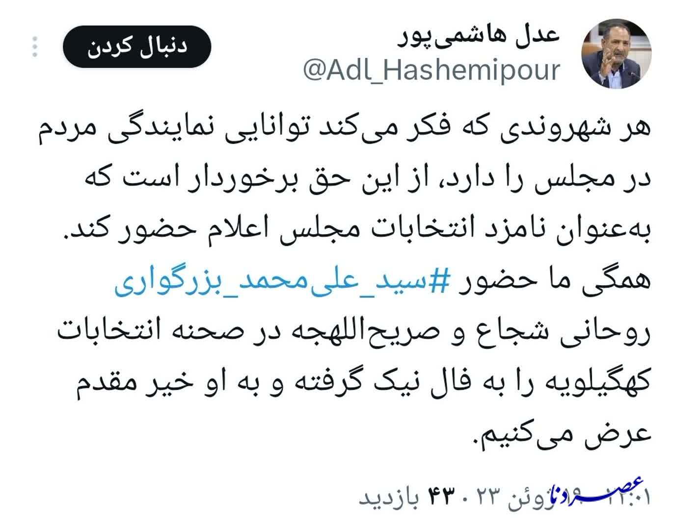 واکنش «عدل هاشمی پور» به اعلام رسمی «بزرگواری» برای حضور در انتخابات