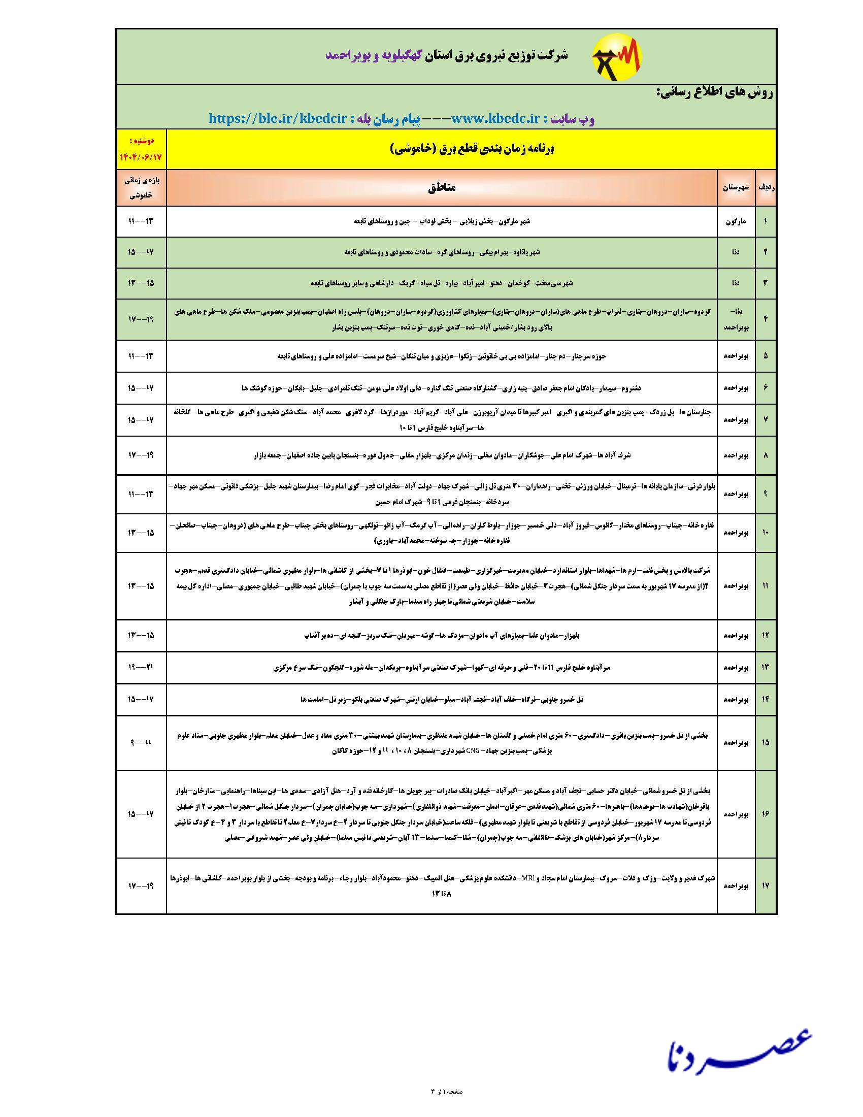جدول خاموشی کهگیلویه و بویراحمد روز دوشنبه