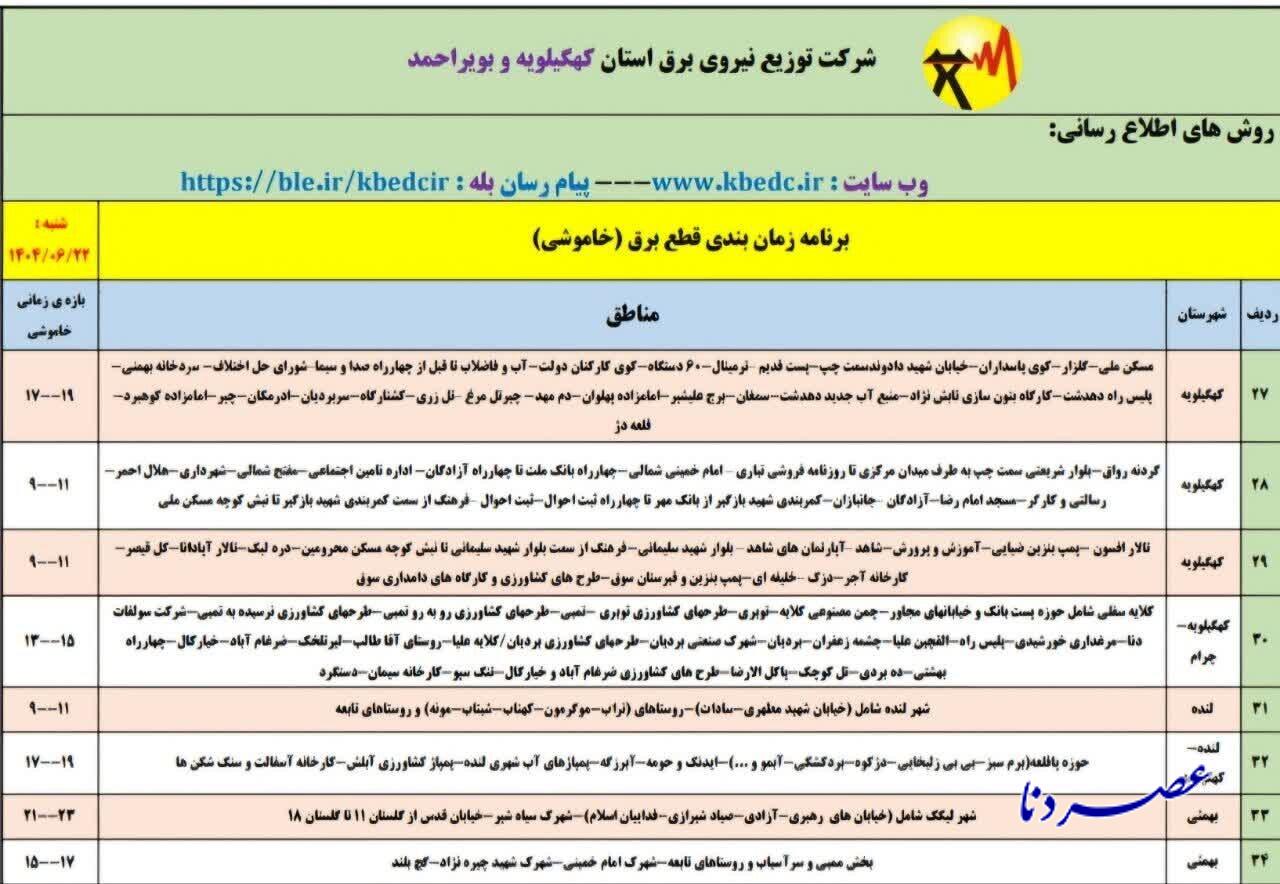 جدول خاموشی‌های برق کهگیلویه و بویراحمد در روز شنبه
