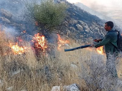 مهار آتش سوزی در کوه‌های چم بلبل و مله برفی بوستان