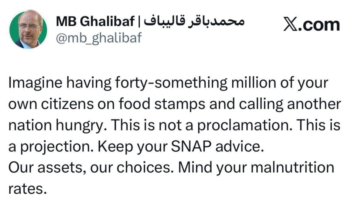 نگرانی قالیباف از سوءتغذیه ۴۰ میلیون آمریکایی